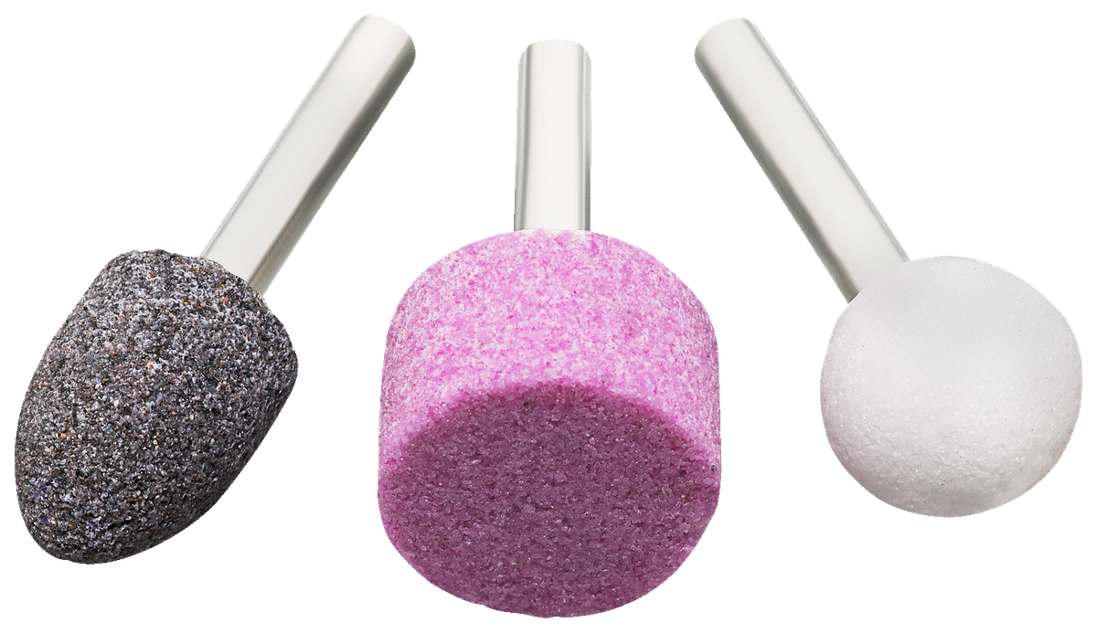 Drei keramische Schleifstifte mit Metallschaft in Grau, Rosa und Weiss